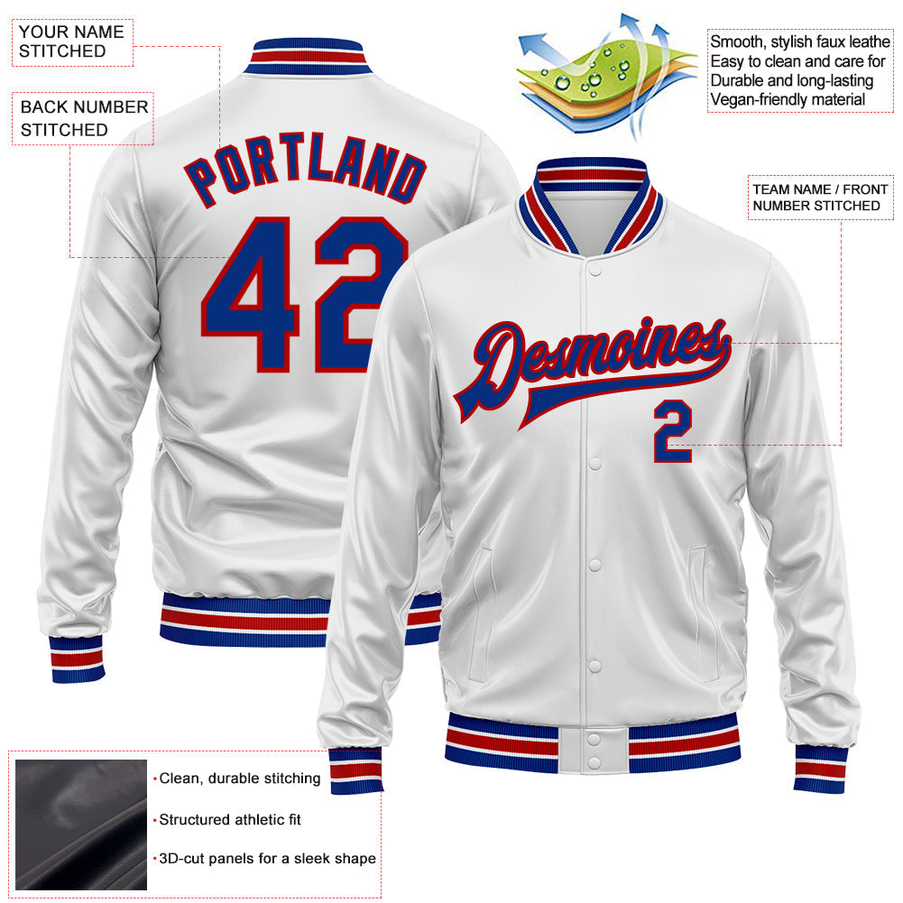 Custom White Royal-Red Bomber Full-Snap Varsity Faux Leather Letterman Jacket view 2