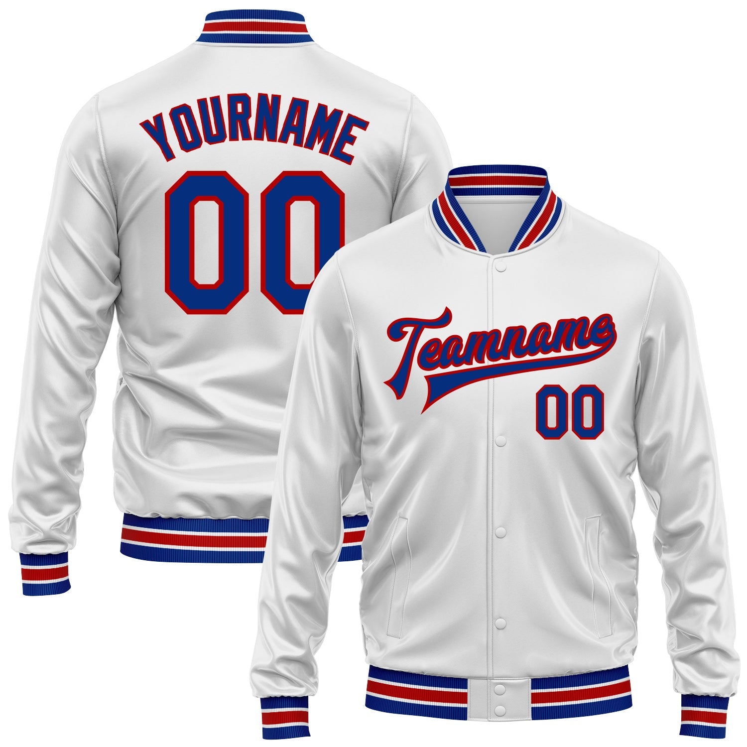 Custom White Royal-Red Bomber Full-Snap Varsity Faux Leather Letterman Jacket - Main View