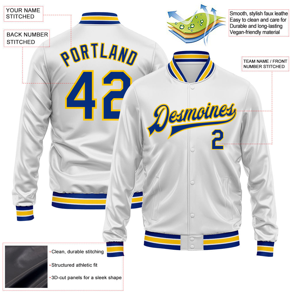 Custom White Royal-Yellow Bomber Full-Snap Varsity Faux Leather Letterman Jacket view 2