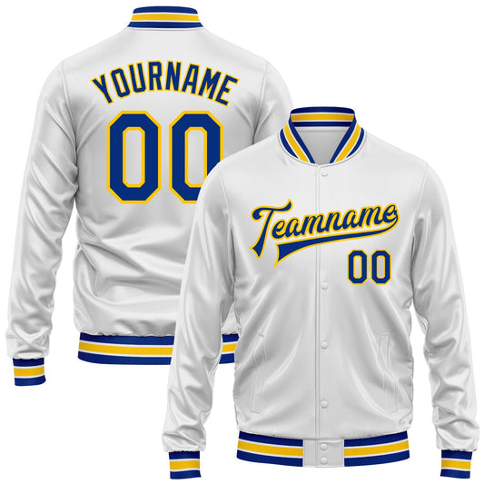 Custom White Royal-Yellow Bomber Full-Snap Varsity Faux Leather Letterman Jacket - Main View