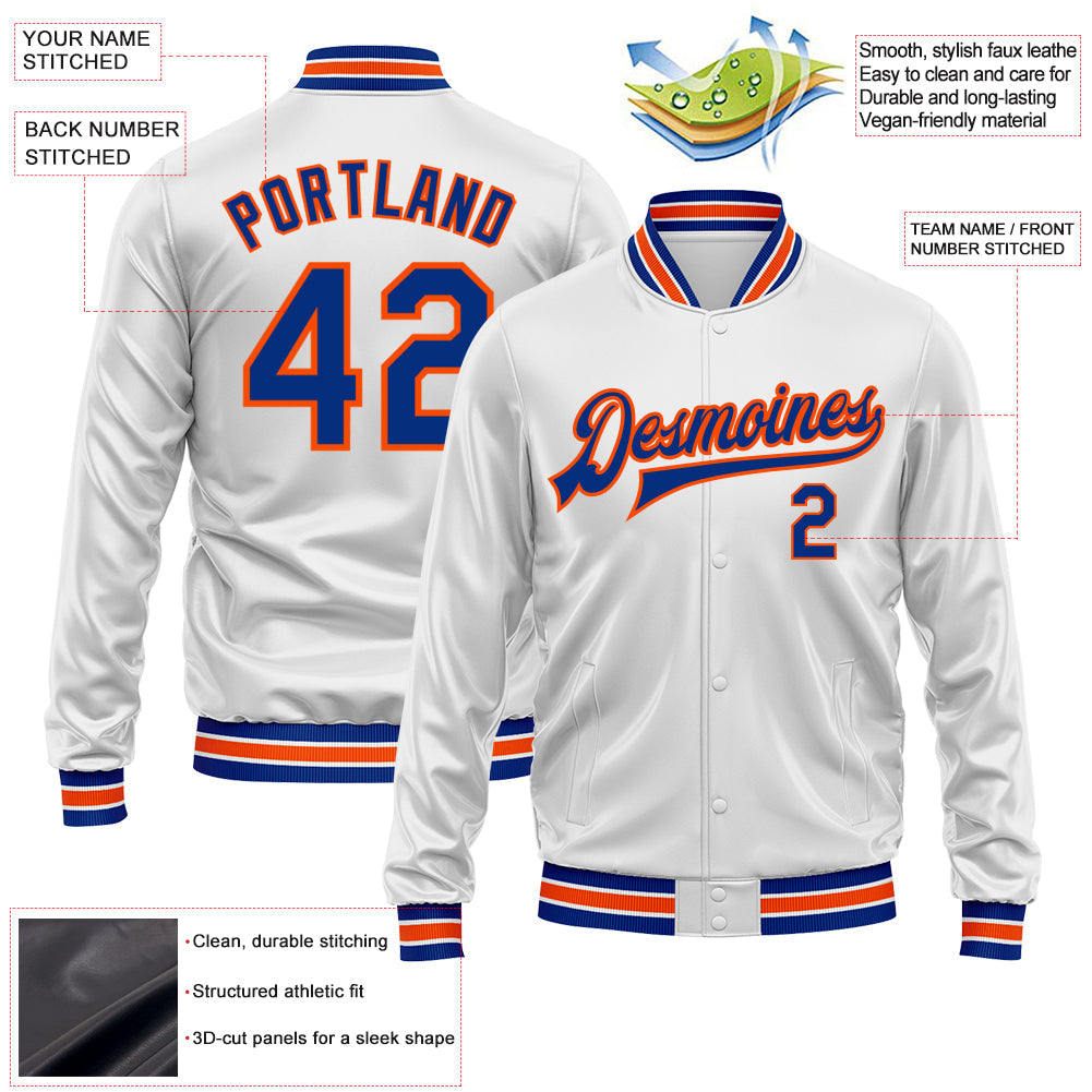Custom White Royal-Orange Bomber Full-Snap Varsity Faux Leather Letterman Jacket view 2