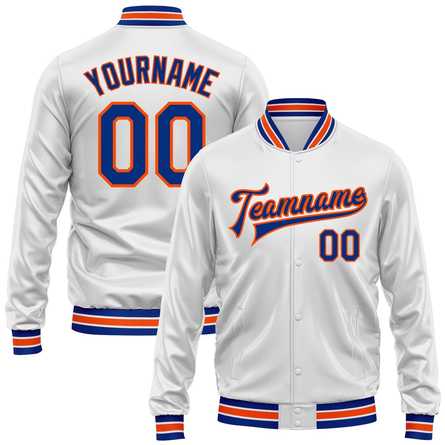 Custom White Royal-Orange Bomber Full-Snap Varsity Faux Leather Letterman Jacket - Main View
