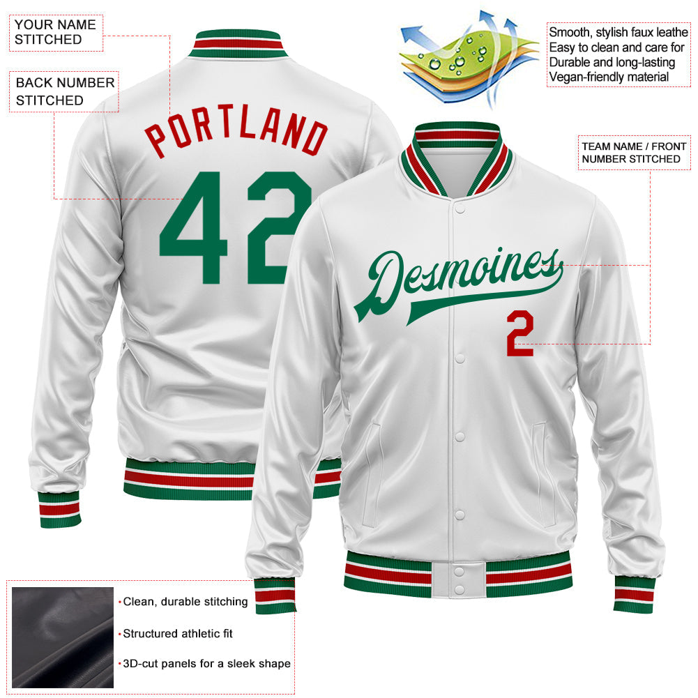 Custom White Kelly Green-Red Bomber Full-Snap Varsity Faux Leather Letterman Jacket view 2