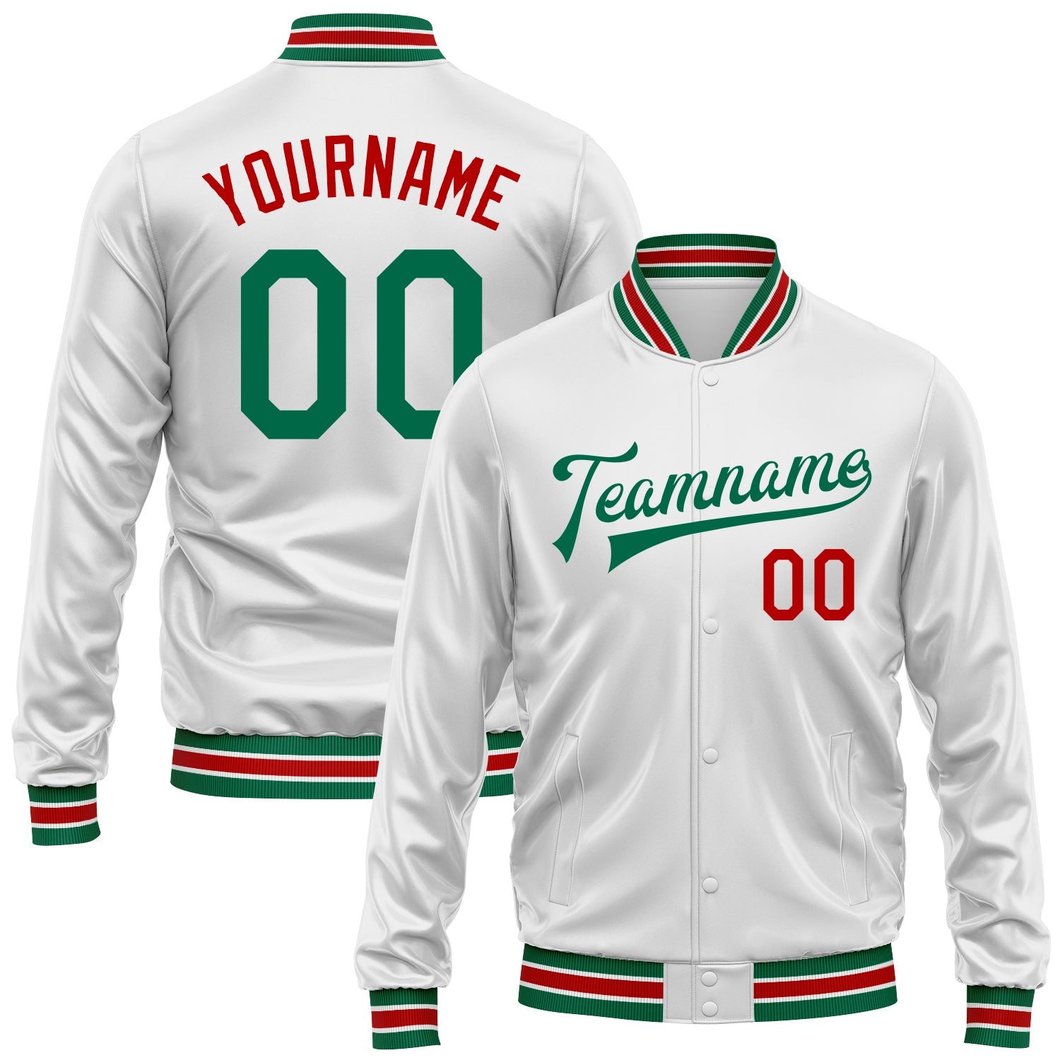 Custom White Kelly Green-Red Bomber Full-Snap Varsity Faux Leather Letterman Jacket - Main View