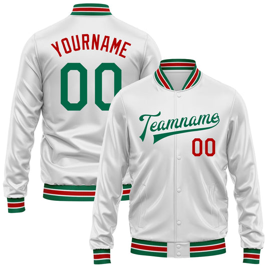 Custom White Kelly Green-Red Bomber Full-Snap Varsity Faux Leather Letterman Jacket - Main View