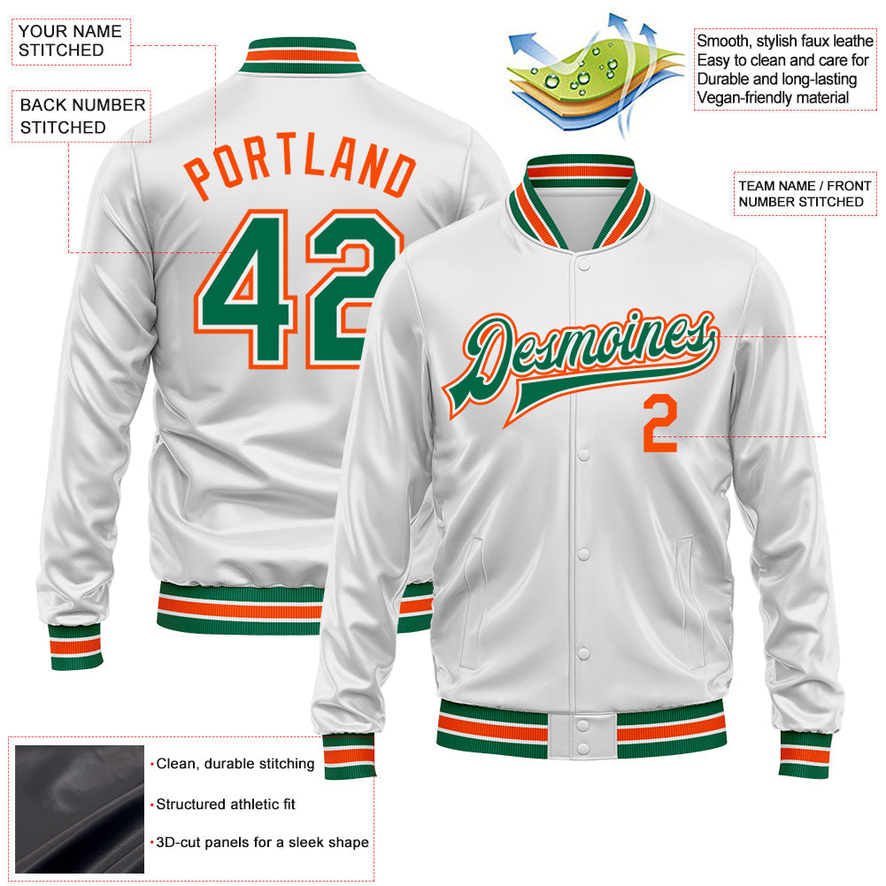 Custom White Kelly Green-Orange Bomber Full-Snap Varsity Faux Leather Letterman Jacket view 2