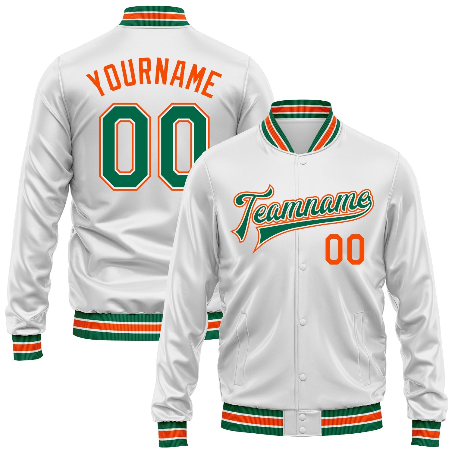 Custom White Kelly Green-Orange Bomber Full-Snap Varsity Faux Leather Letterman Jacket - Main View