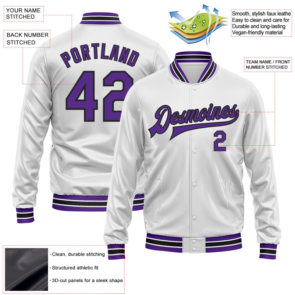 Custom White Purple-Black Bomber Full-Snap Varsity Faux Leather Letterman Jacket view 2