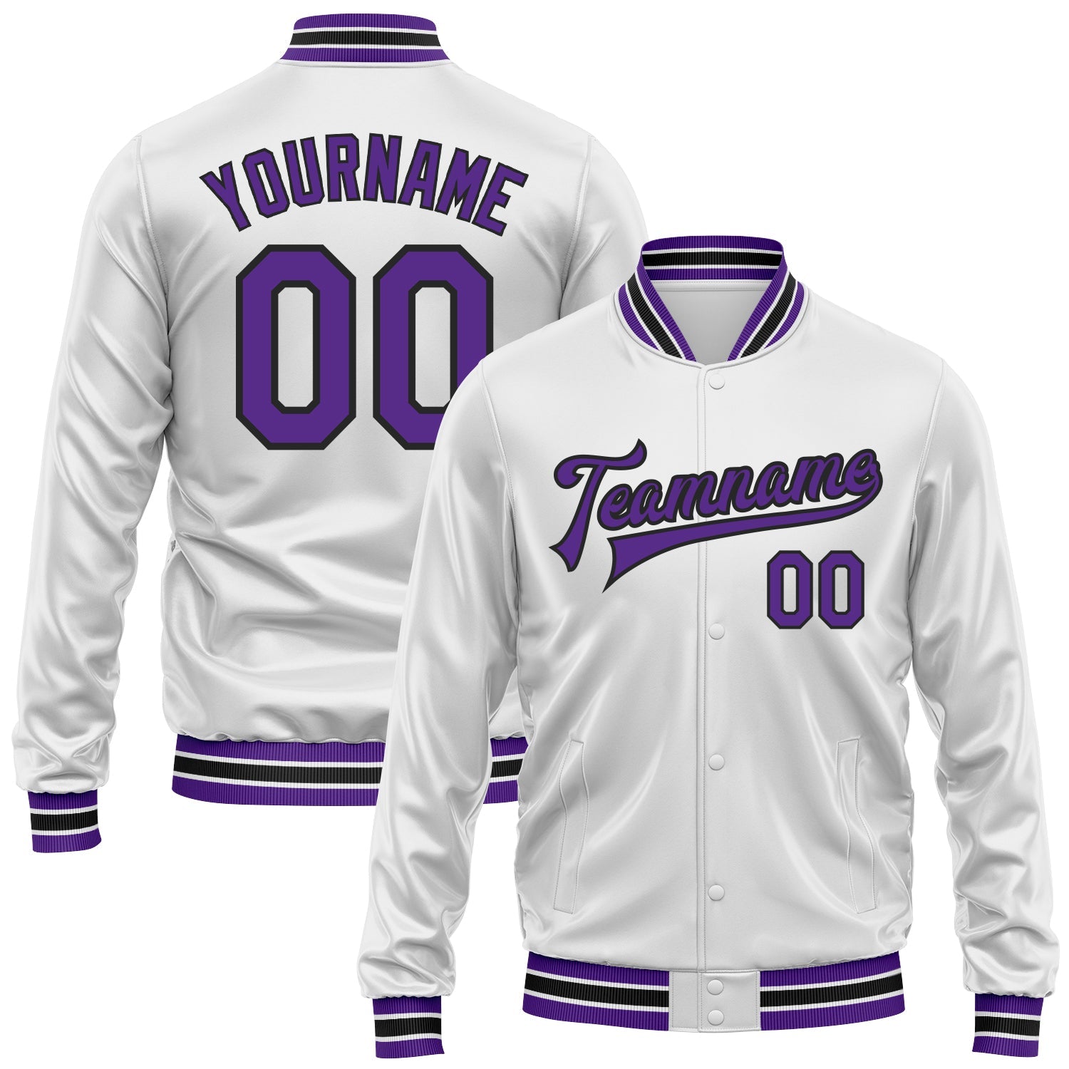Custom White Purple-Black Bomber Full-Snap Varsity Faux Leather Letterman Jacket - Main View