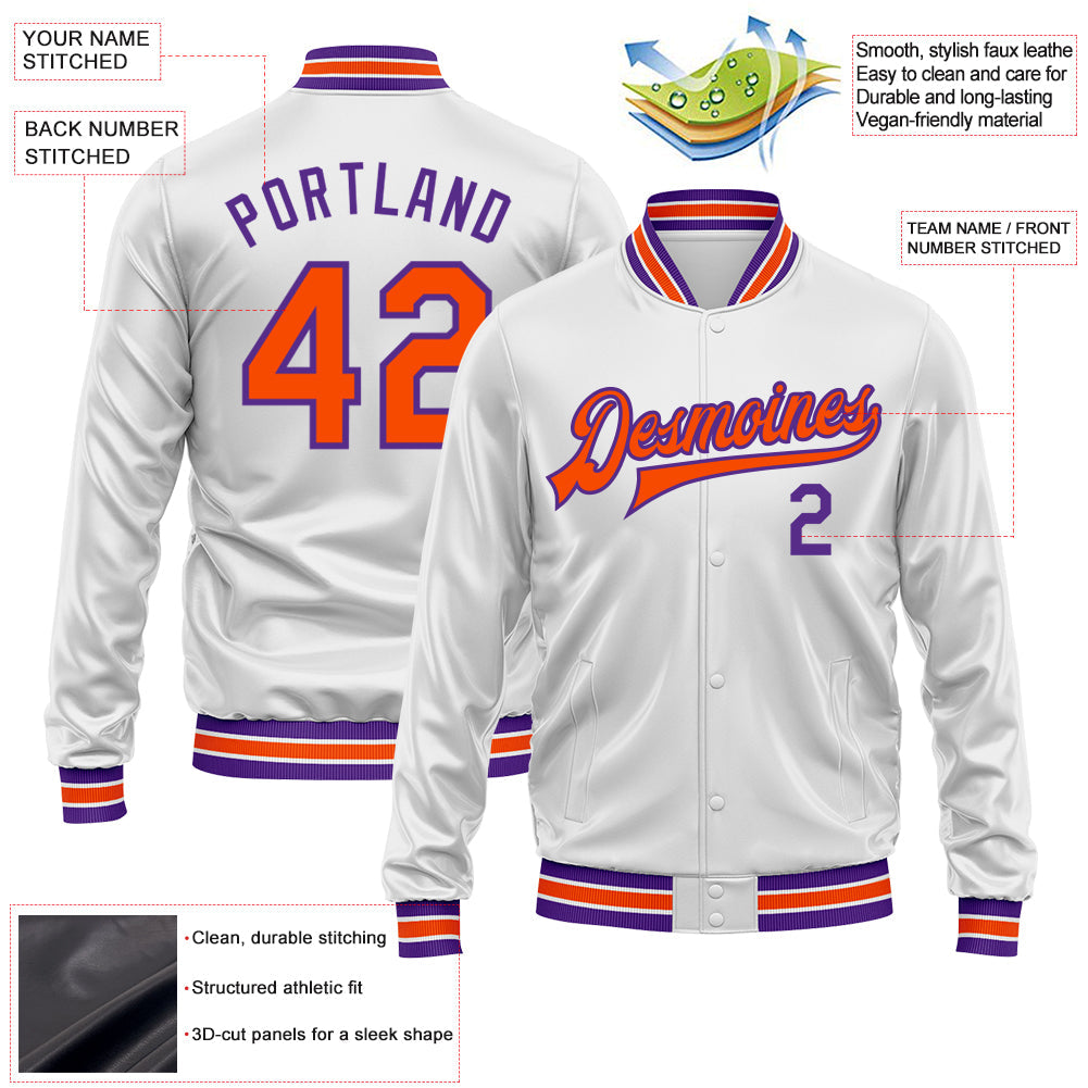 Custom White Orange-Purple Bomber Full-Snap Varsity Faux Leather Letterman Jacket view 2