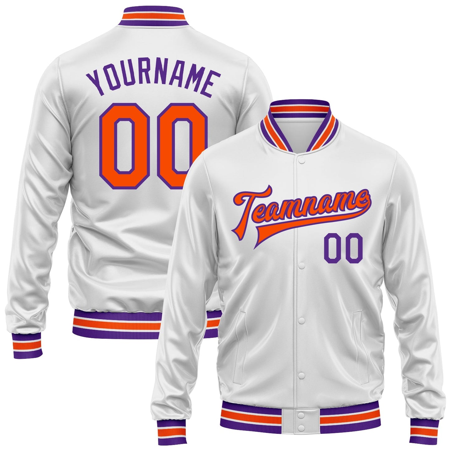 Custom White Orange-Purple Bomber Full-Snap Varsity Faux Leather Letterman Jacket - Main View