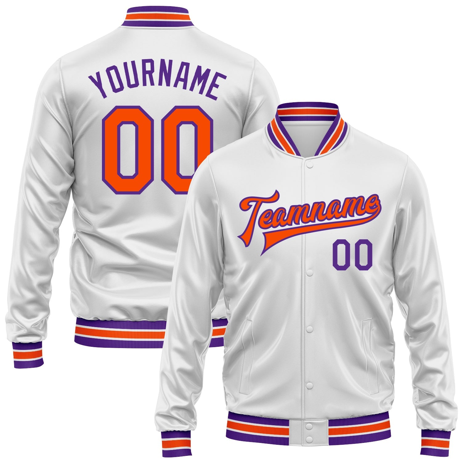 Custom White Orange-Purple Bomber Full-Snap Varsity Faux Leather Letterman Jacket - Main View