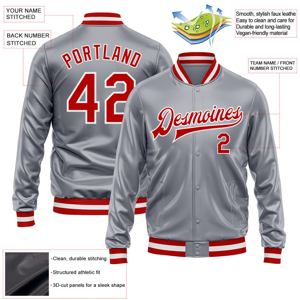 Custom Gray Red-White Bomber Full-Snap Varsity Faux Leather Letterman Jacket view 2