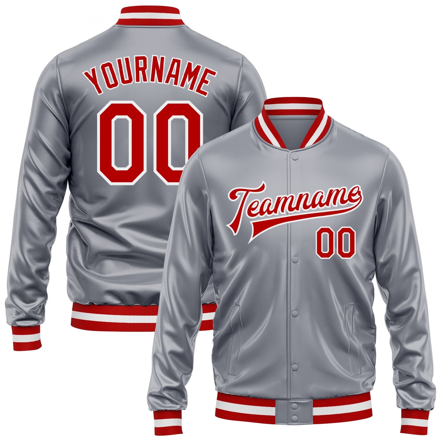 Custom Gray Red-White Bomber Full-Snap Varsity Faux Leather Letterman Jacket - Main View