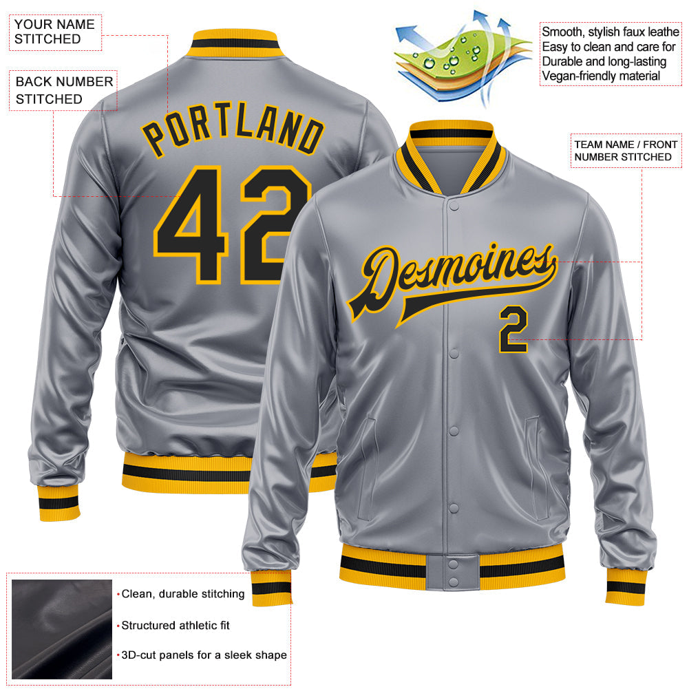 Custom Gray Black-Gold Bomber Full-Snap Varsity Faux Leather Letterman Jacket view 2