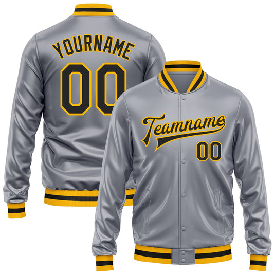 Custom Gray Black-Gold Bomber Full-Snap Varsity Faux Leather Letterman Jacket - Main View