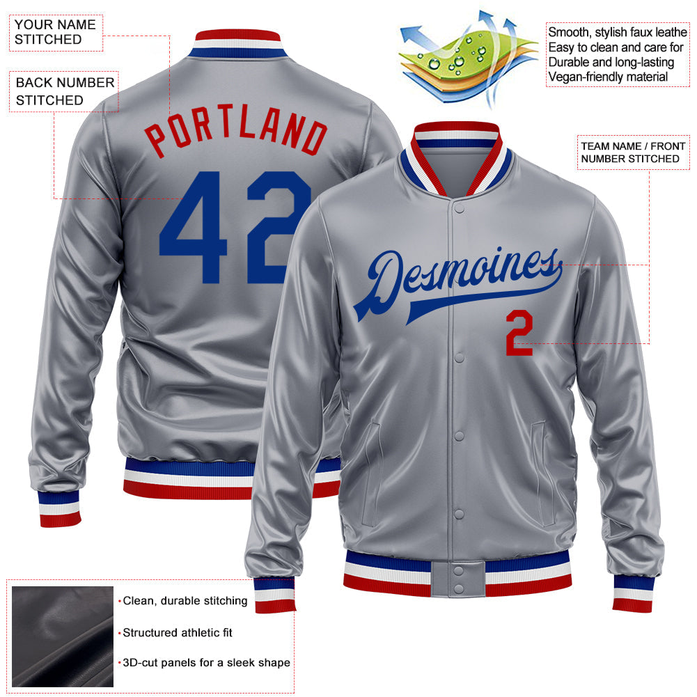 Custom Gray Royal-Red Bomber Full-Snap Varsity Faux Leather Letterman Jacket view 2