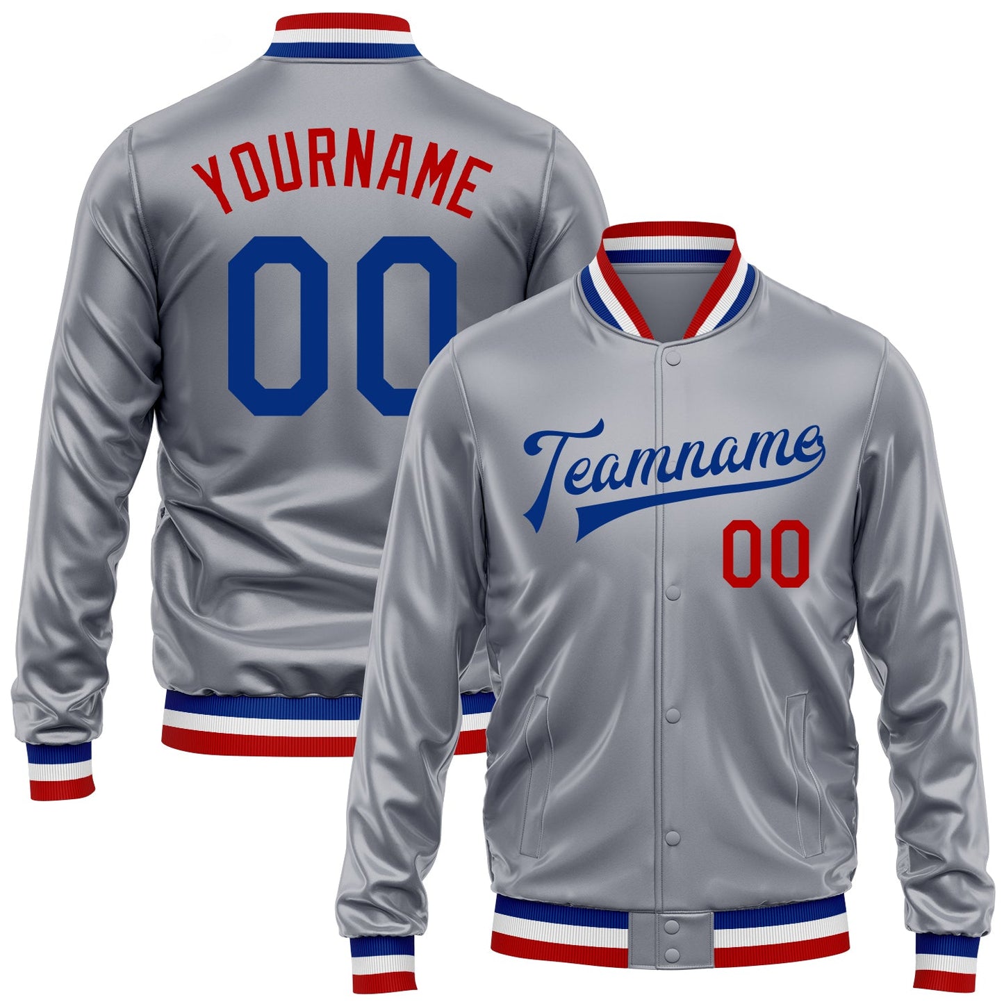 Custom Gray Royal-Red Bomber Full-Snap Varsity Faux Leather Letterman Jacket - Main View