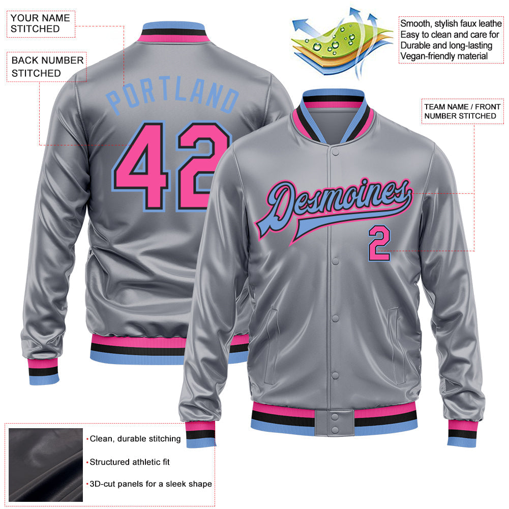 Custom Gray Pink Light Blue-Black Bomber Full-Snap Varsity Faux Leather Letterman Jacket view 2