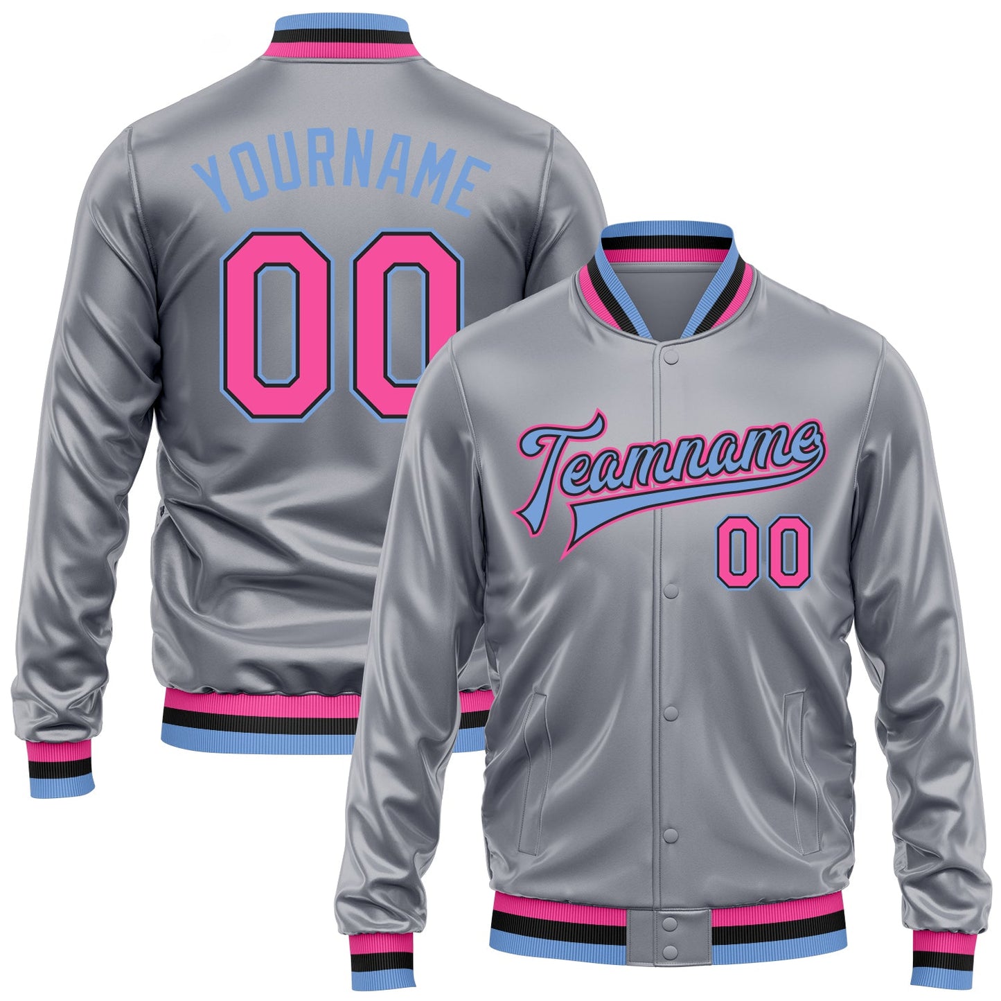 Custom Gray Pink Light Blue-Black Bomber Full-Snap Varsity Faux Leather Letterman Jacket - Main View