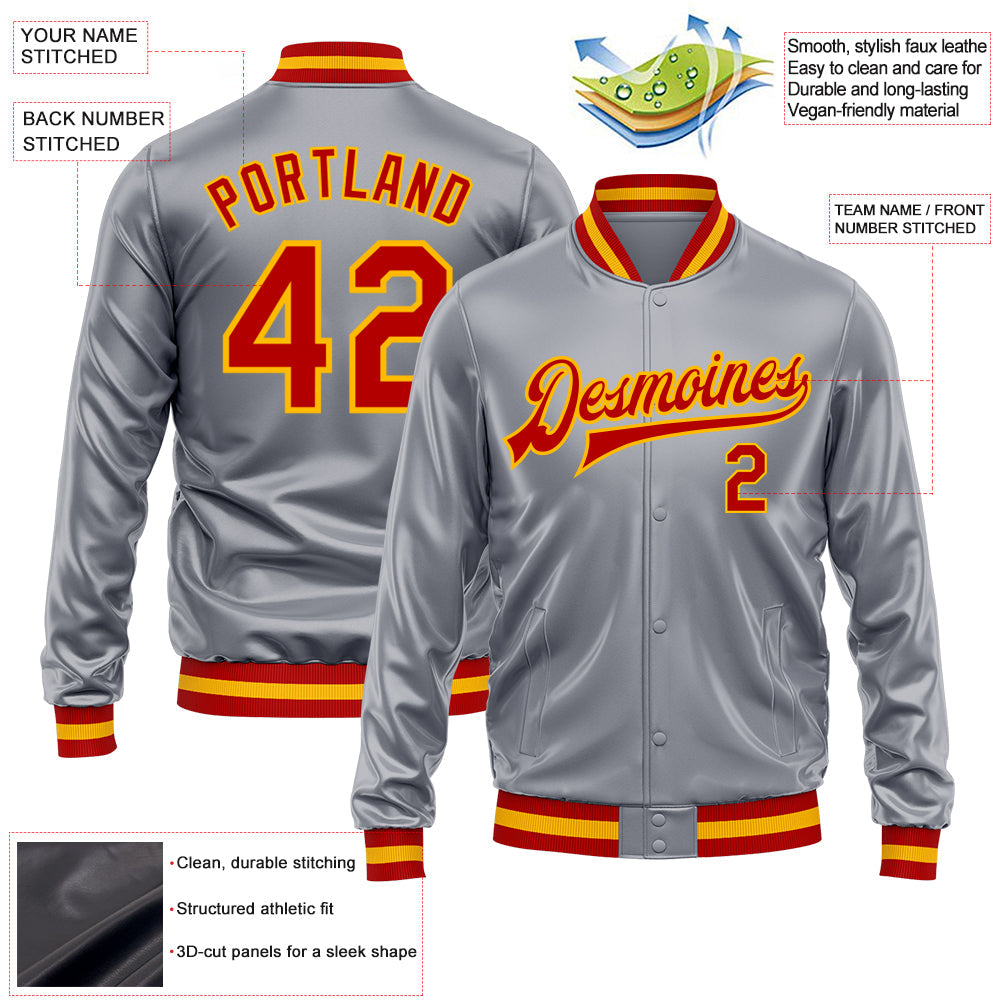 Custom Gray Red-Gold Bomber Full-Snap Varsity Faux Leather Letterman Jacket view 2