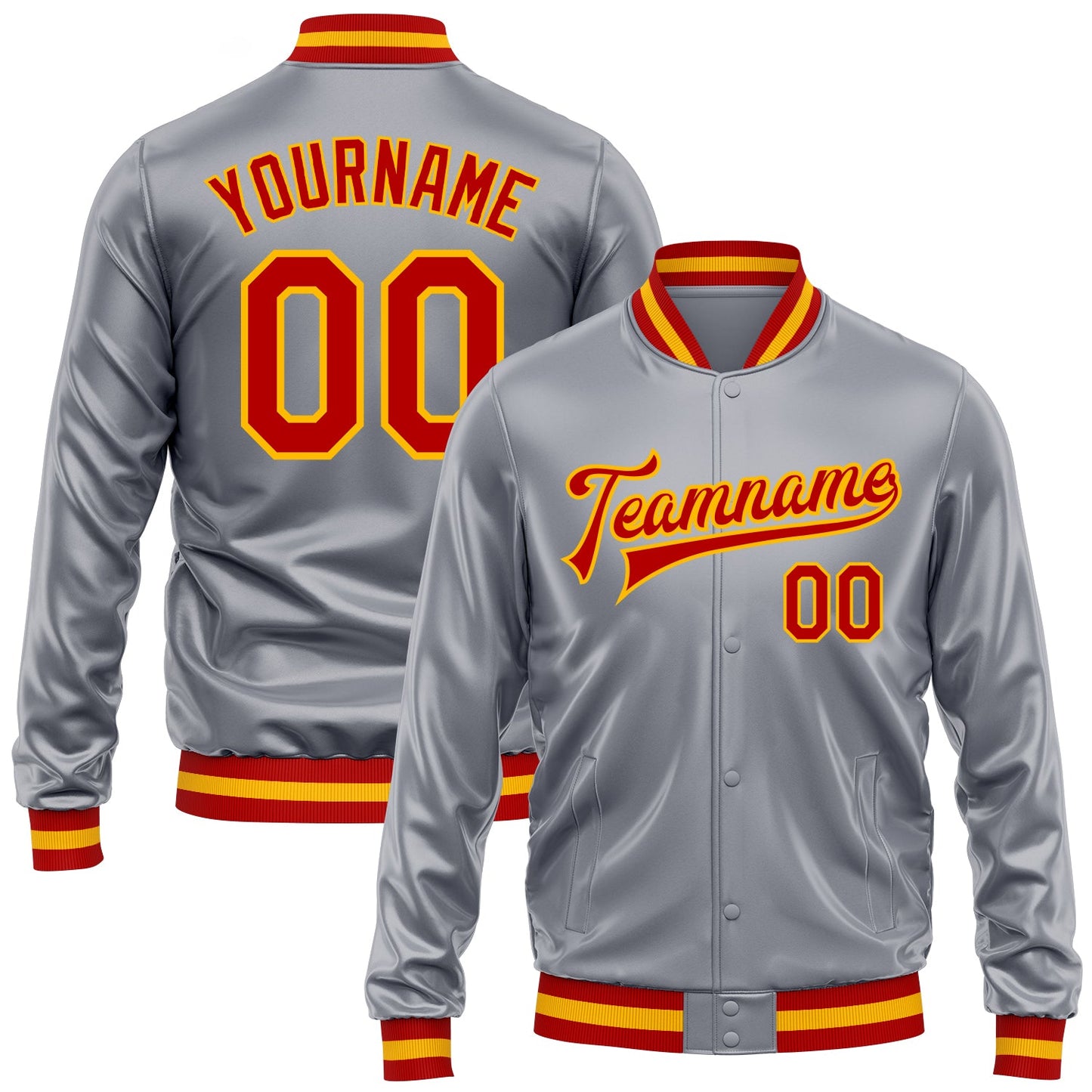 Custom Gray Red-Gold Bomber Full-Snap Varsity Faux Leather Letterman Jacket - Main View