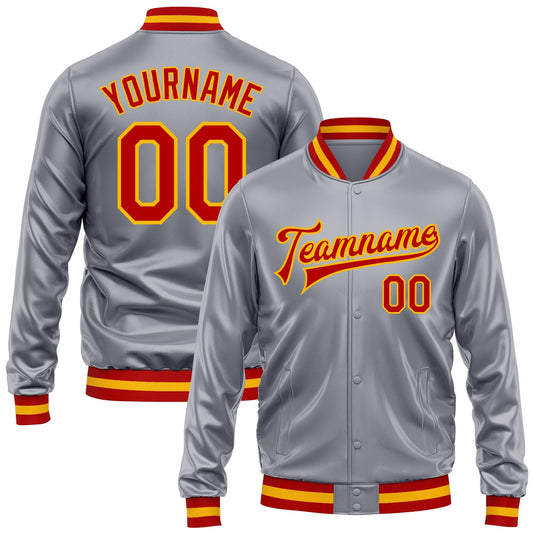 Custom Gray Red-Gold Bomber Full-Snap Varsity Faux Leather Letterman Jacket - Main View