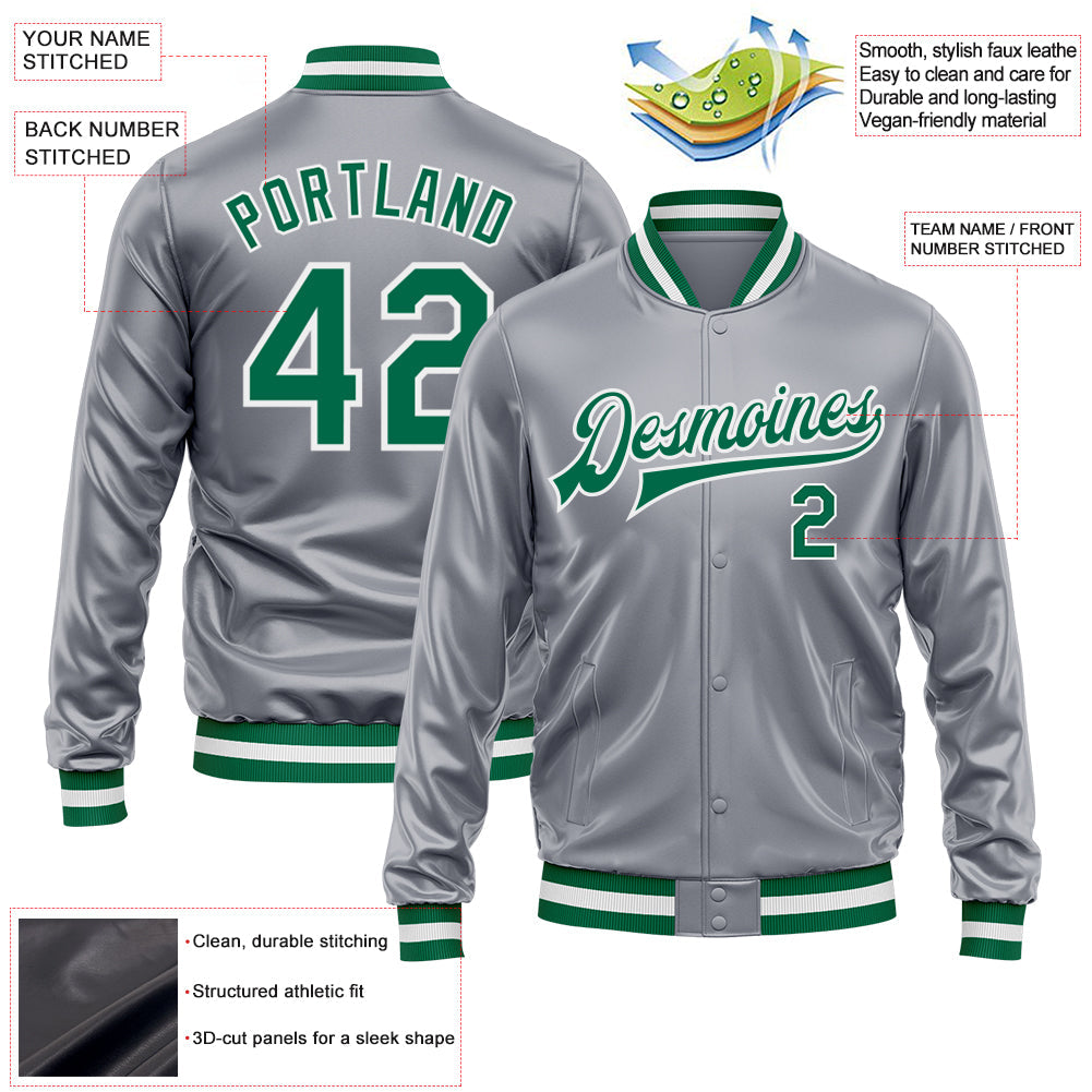 Custom Gray Kelly Green-White Bomber Full-Snap Varsity Faux Leather Letterman Jacket view 2