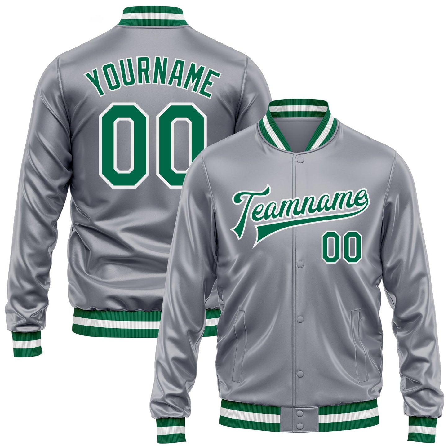 Custom Gray Kelly Green-White Bomber Full-Snap Varsity Faux Leather Letterman Jacket - Main View