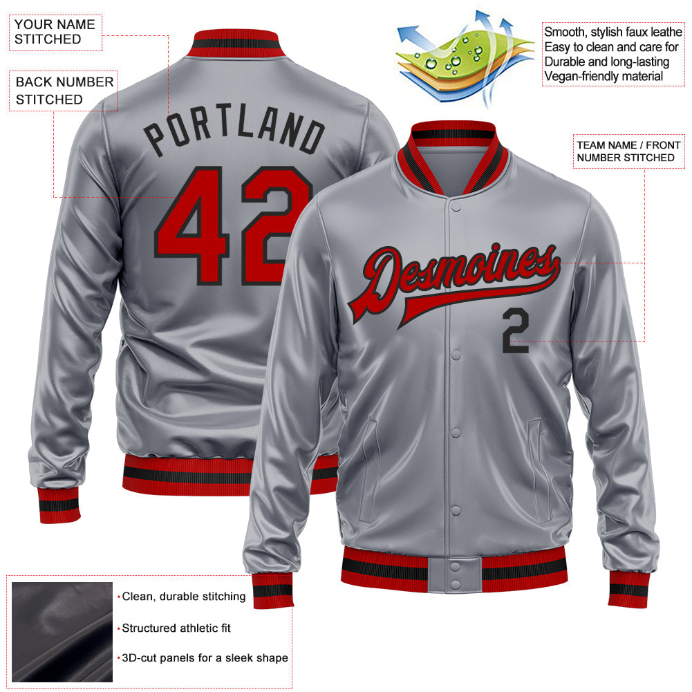 Custom Gray Red-Black Bomber Full-Snap Varsity Faux Leather Letterman Jacket view 2