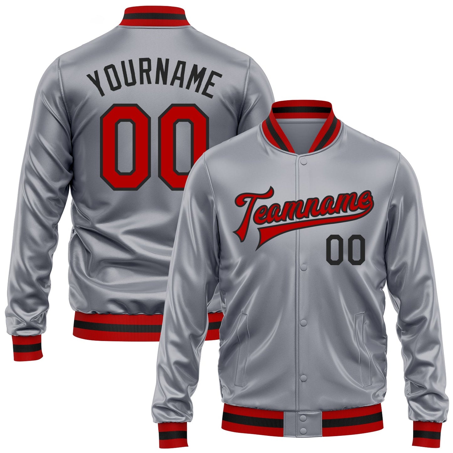 Custom Gray Red-Black Bomber Full-Snap Varsity Faux Leather Letterman Jacket - Main View