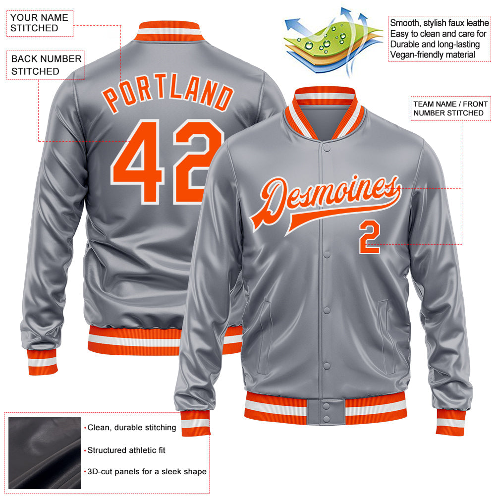Custom Gray Orange-White Bomber Full-Snap Varsity Faux Leather Letterman Jacket view 2