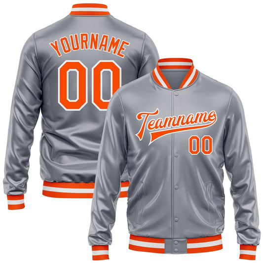 Custom Gray Orange-White Bomber Full-Snap Varsity Faux Leather Letterman Jacket - Main View