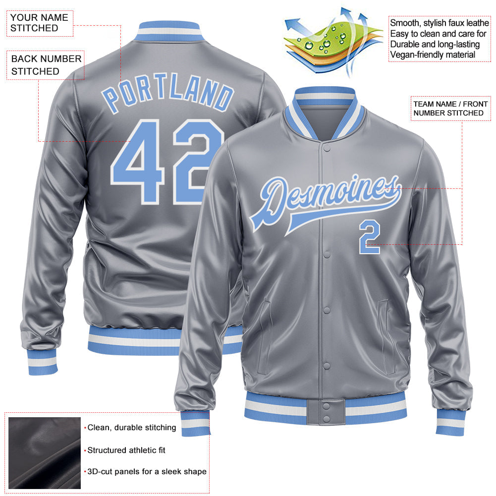 Custom Gray Light Blue-White Bomber Full-Snap Varsity Faux Leather Letterman Jacket view 2