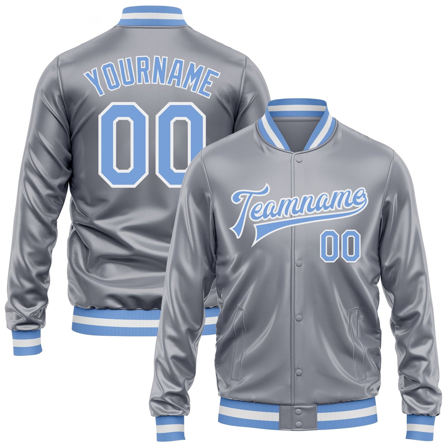 Custom Gray Light Blue-White Bomber Full-Snap Varsity Faux Leather Letterman Jacket - Main View
