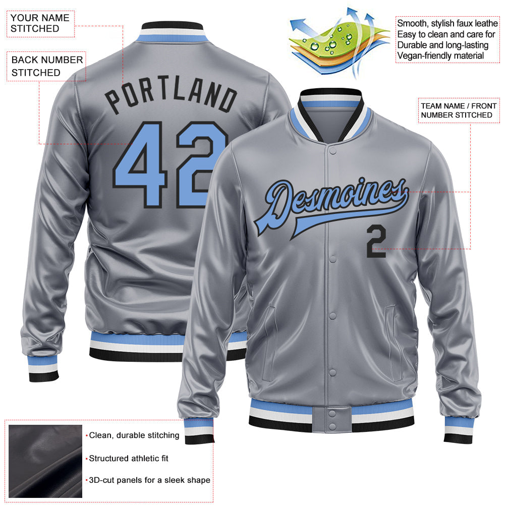 Custom Gray Light Blue-Black Bomber Full-Snap Varsity Faux Leather Letterman Jacket view 2