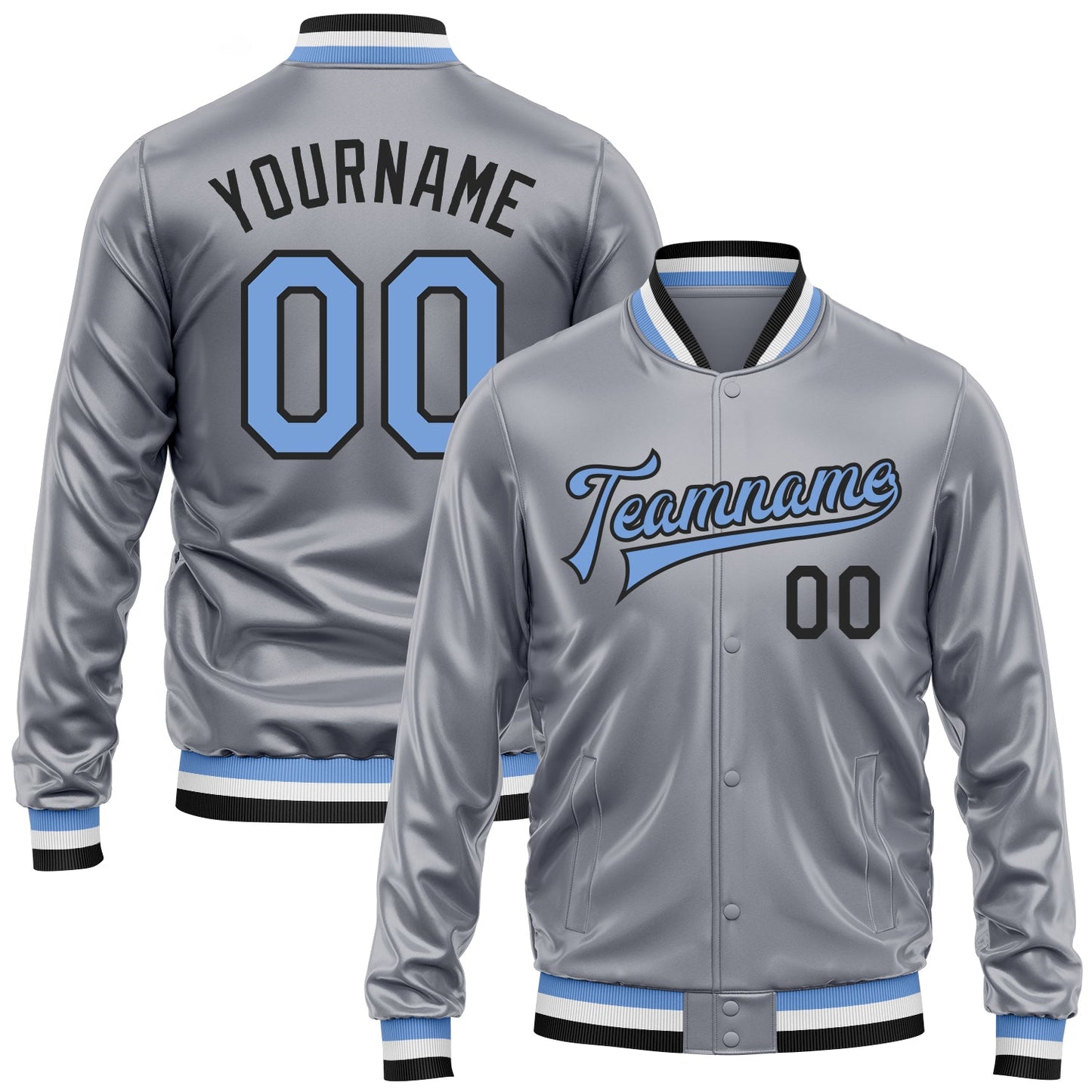 Custom Gray Light Blue-Black Bomber Full-Snap Varsity Faux Leather Letterman Jacket - Main View