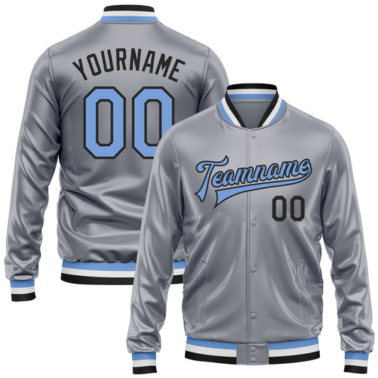 Custom Gray Light Blue-Black Bomber Full-Snap Varsity Faux Leather Letterman Jacket - Main View