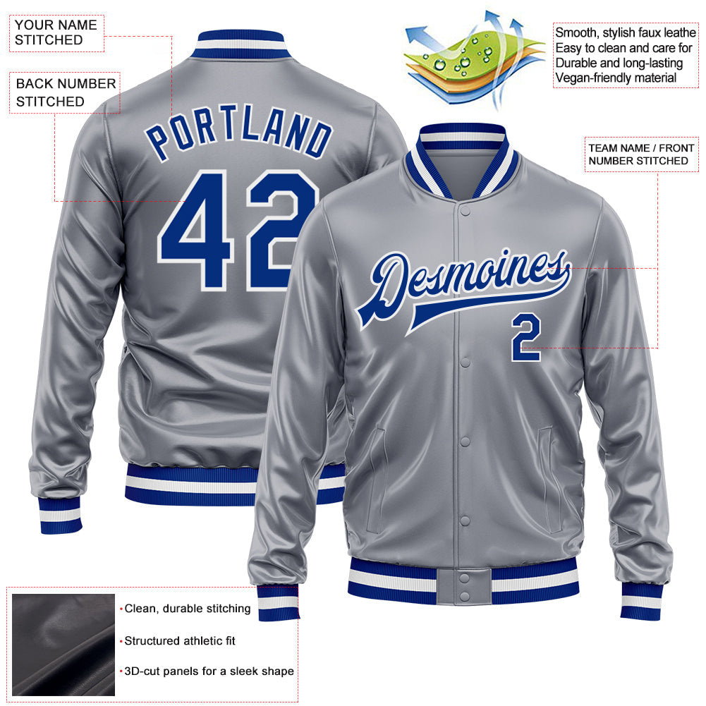 Custom Gray Royal-White Bomber Full-Snap Varsity Faux Leather Letterman Jacket view 2