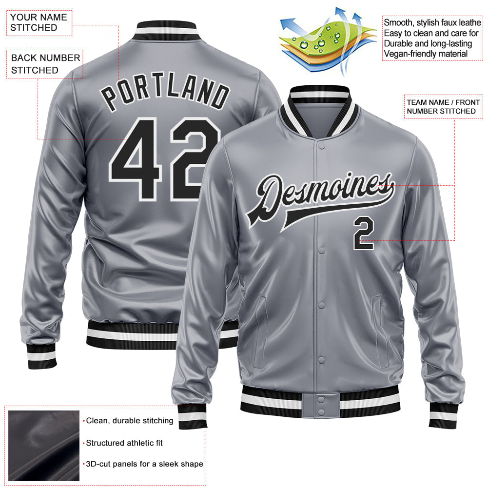 Custom Gray Black-White Bomber Full-Snap Varsity Faux Leather Letterman Jacket view 2