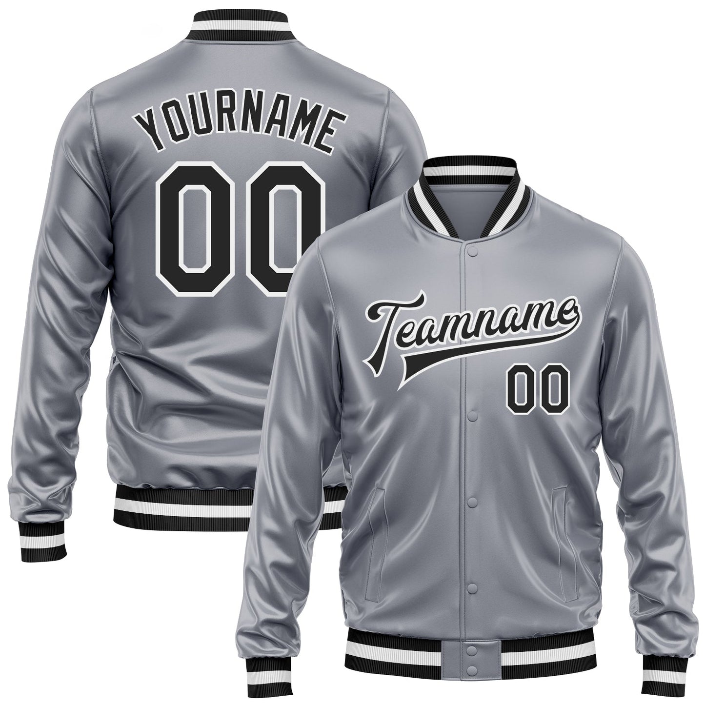 Custom Gray Black-White Bomber Full-Snap Varsity Faux Leather Letterman Jacket - Main View