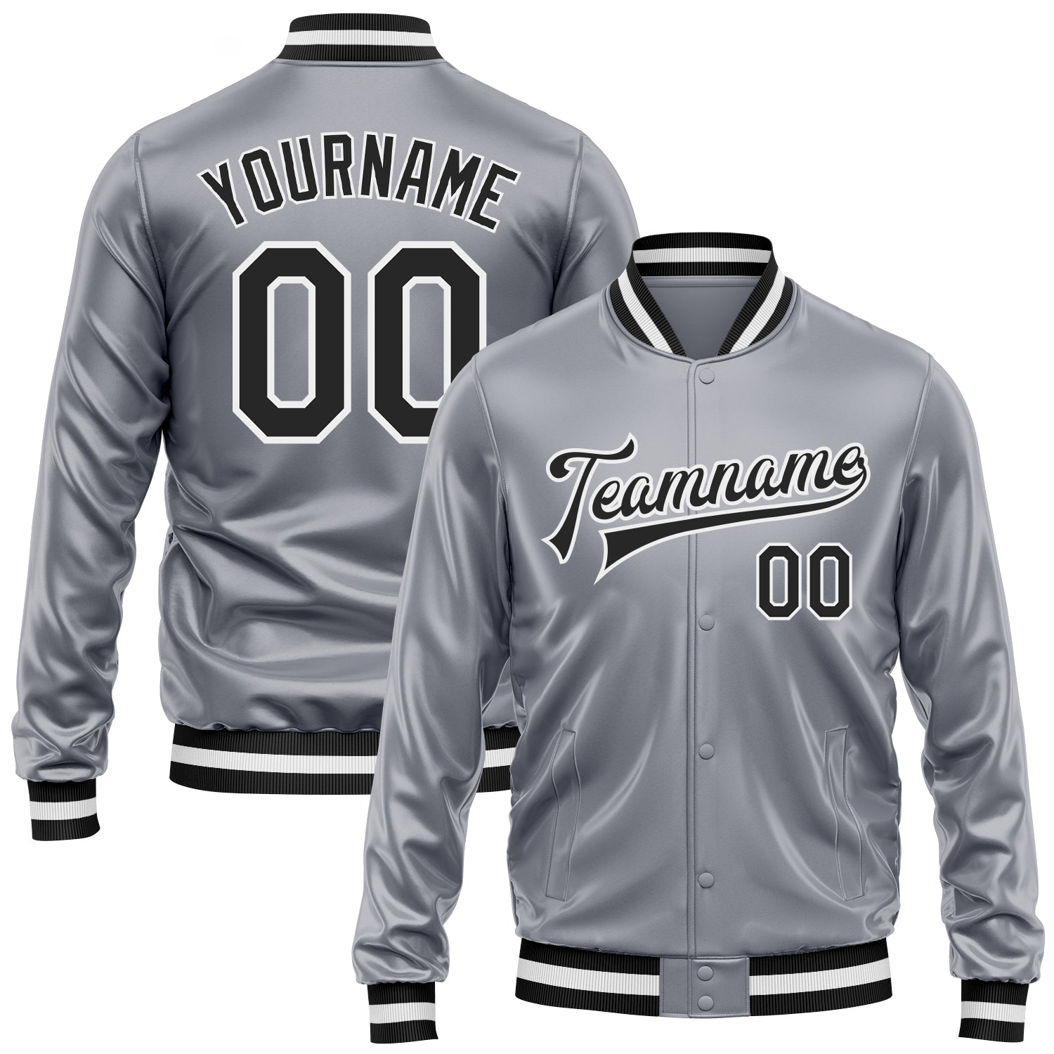 Custom Gray Black-White Bomber Full-Snap Varsity Faux Leather Letterman Jacket - Main View