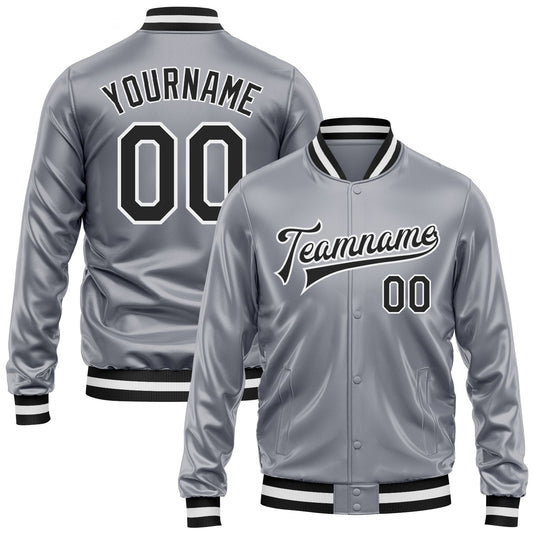 Custom Gray Black-White Bomber Full-Snap Varsity Faux Leather Letterman Jacket - Main View