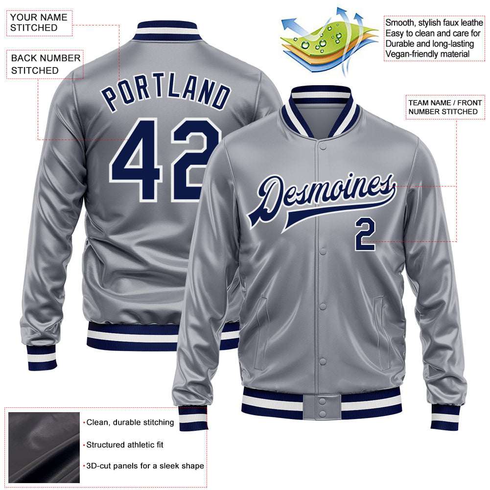 Custom Gray Navy-White Bomber Full-Snap Varsity Faux Leather Letterman Jacket view 2