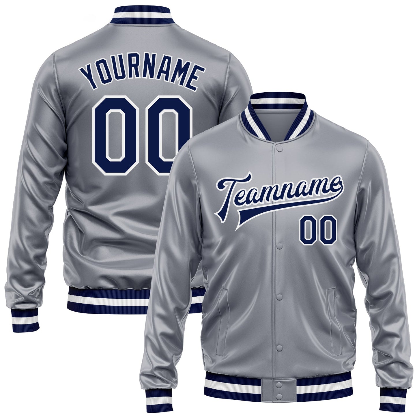 Custom Gray Navy-White Bomber Full-Snap Varsity Faux Leather Letterman Jacket - Main View