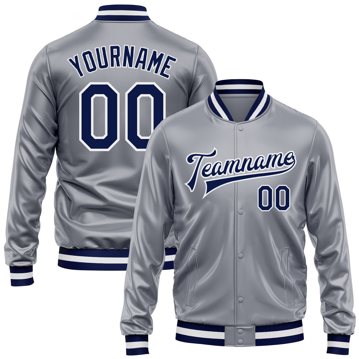 Custom Gray Navy-White Bomber Full-Snap Varsity Faux Leather Letterman Jacket - Main View