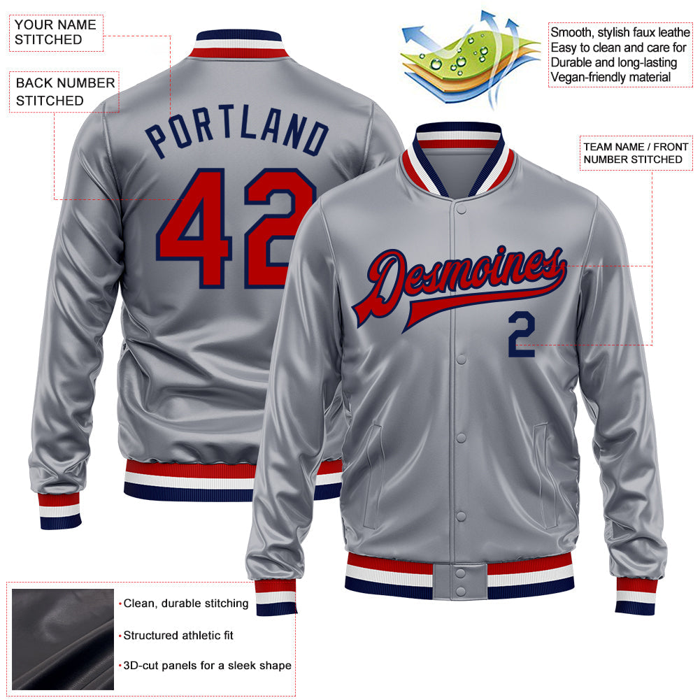 Custom Gray Red-Navy Bomber Full-Snap Varsity Faux Leather Letterman Jacket view 2