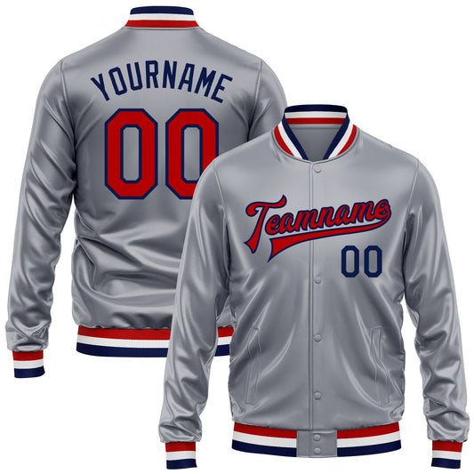 Custom Gray Red-Navy Bomber Full-Snap Varsity Faux Leather Letterman Jacket - Main View