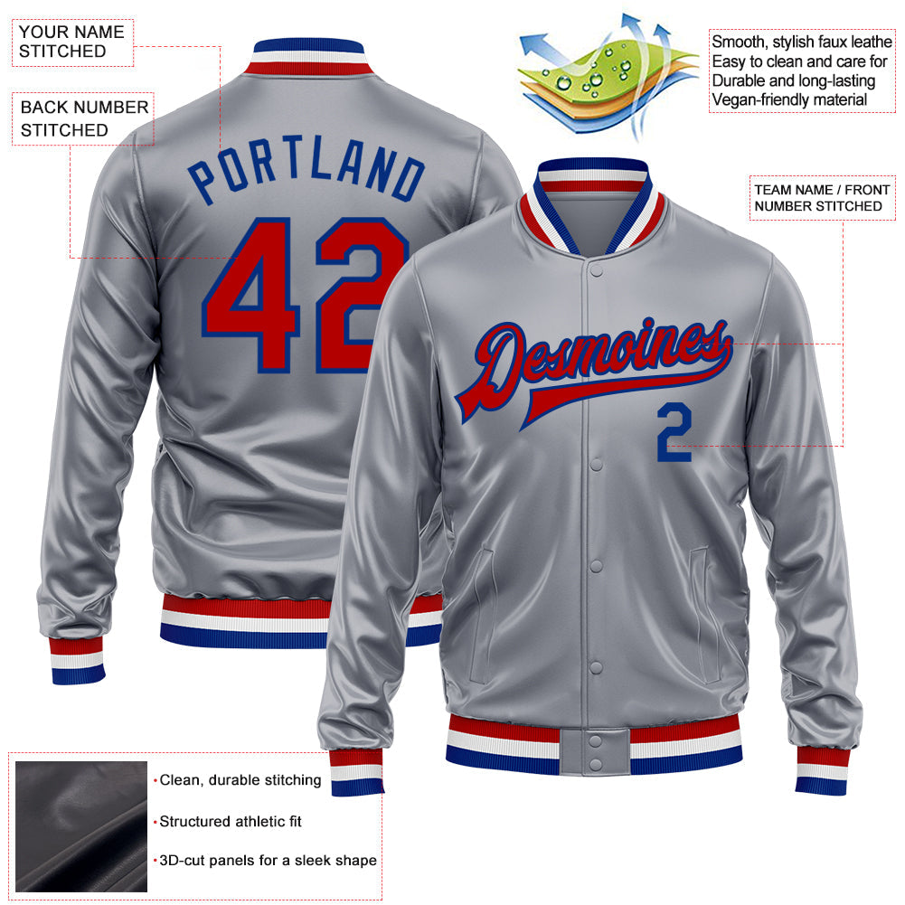Custom Gray Red-Royal Bomber Full-Snap Varsity Faux Leather Letterman Jacket view 2