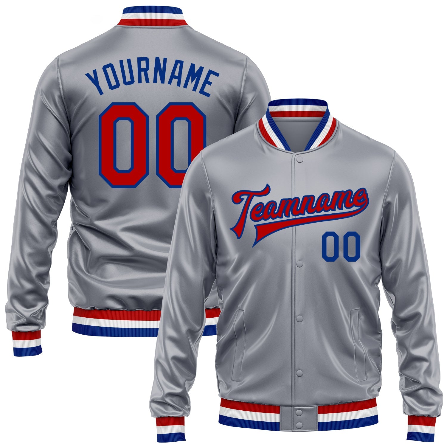 Custom Gray Red-Royal Bomber Full-Snap Varsity Faux Leather Letterman Jacket - Main View